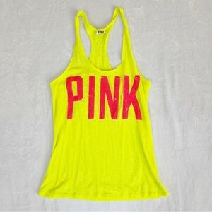 Victoria’s Secret PINK Racerback Tank Sequin Neon Yellow Sz M Hot Pink Bling
